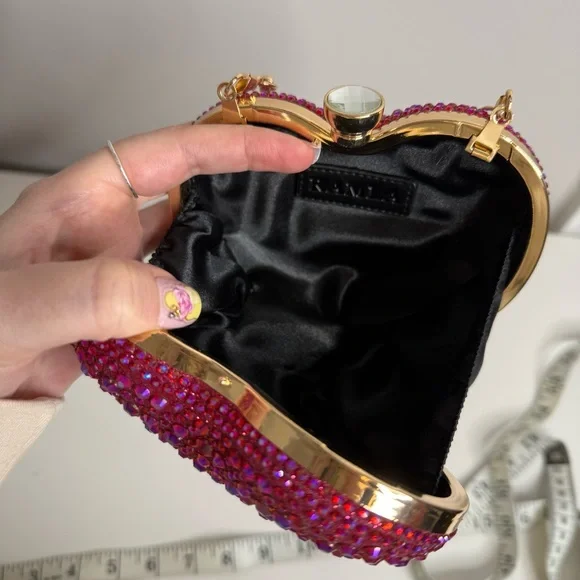 Ramla Amour Raspberry Pink Rhinestone Heart Clutch Evening Bag  $189 New - Picture 4 of 9